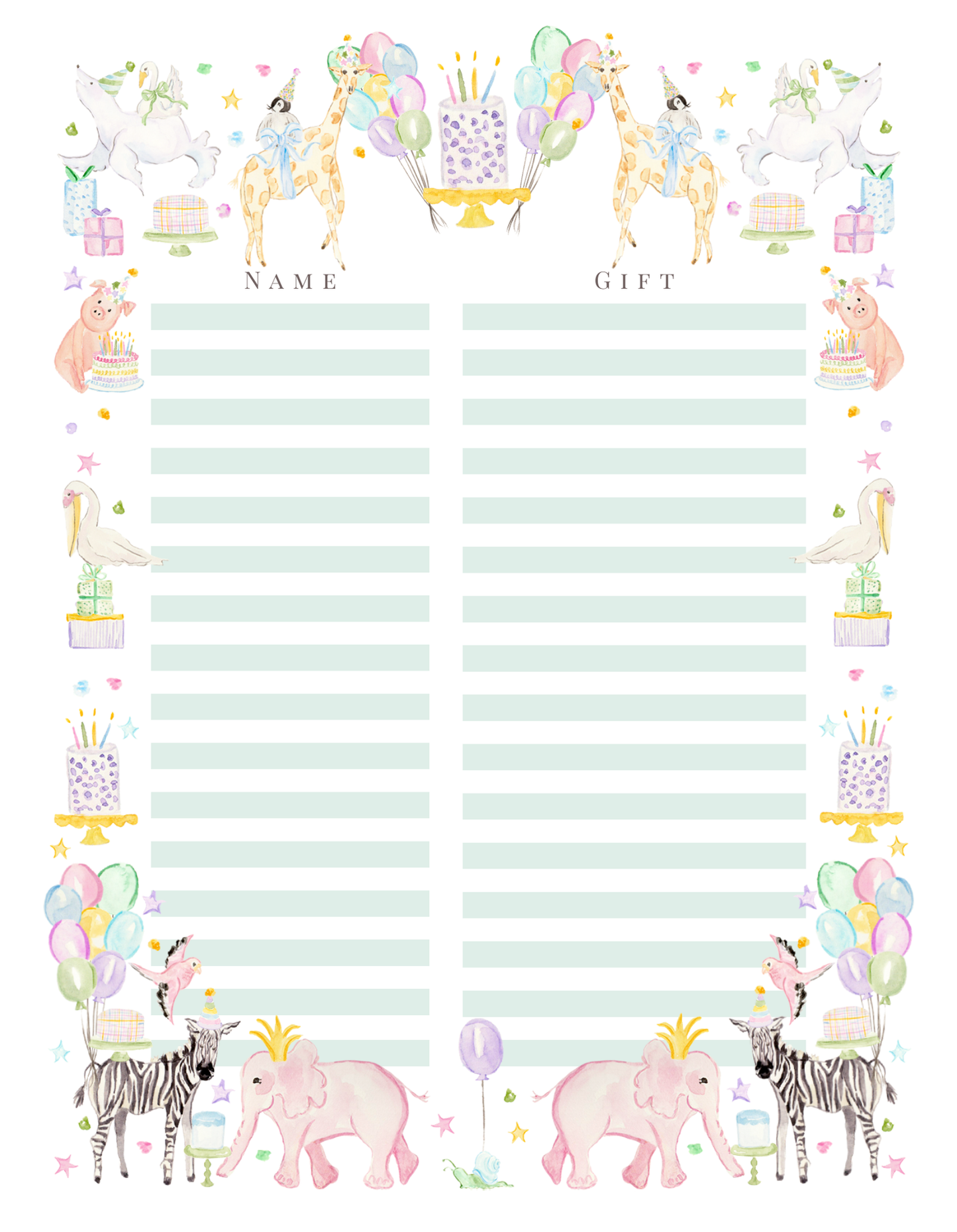 PARTY ANIMAL BIRTHDAY GIFT TRACKER SHEETS