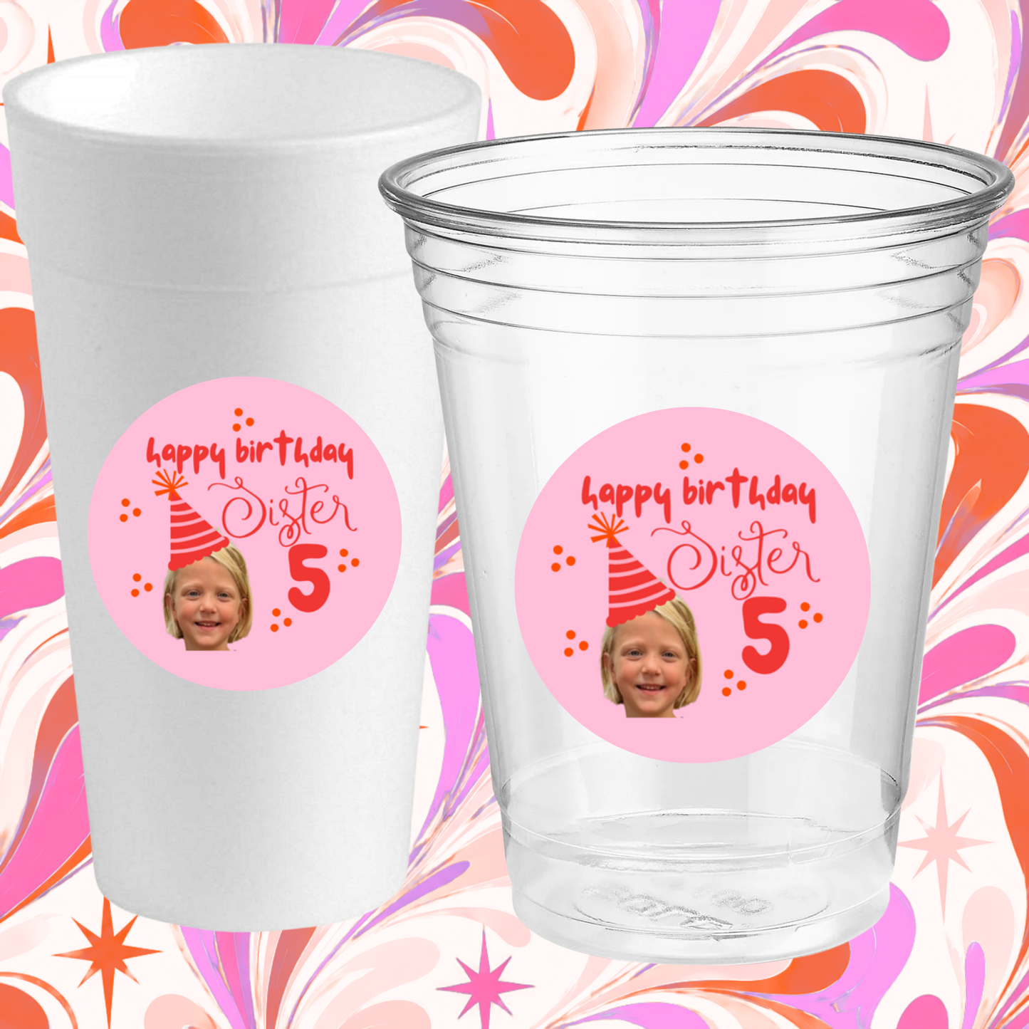 PINK BIRTHDAY STICKER CUPS