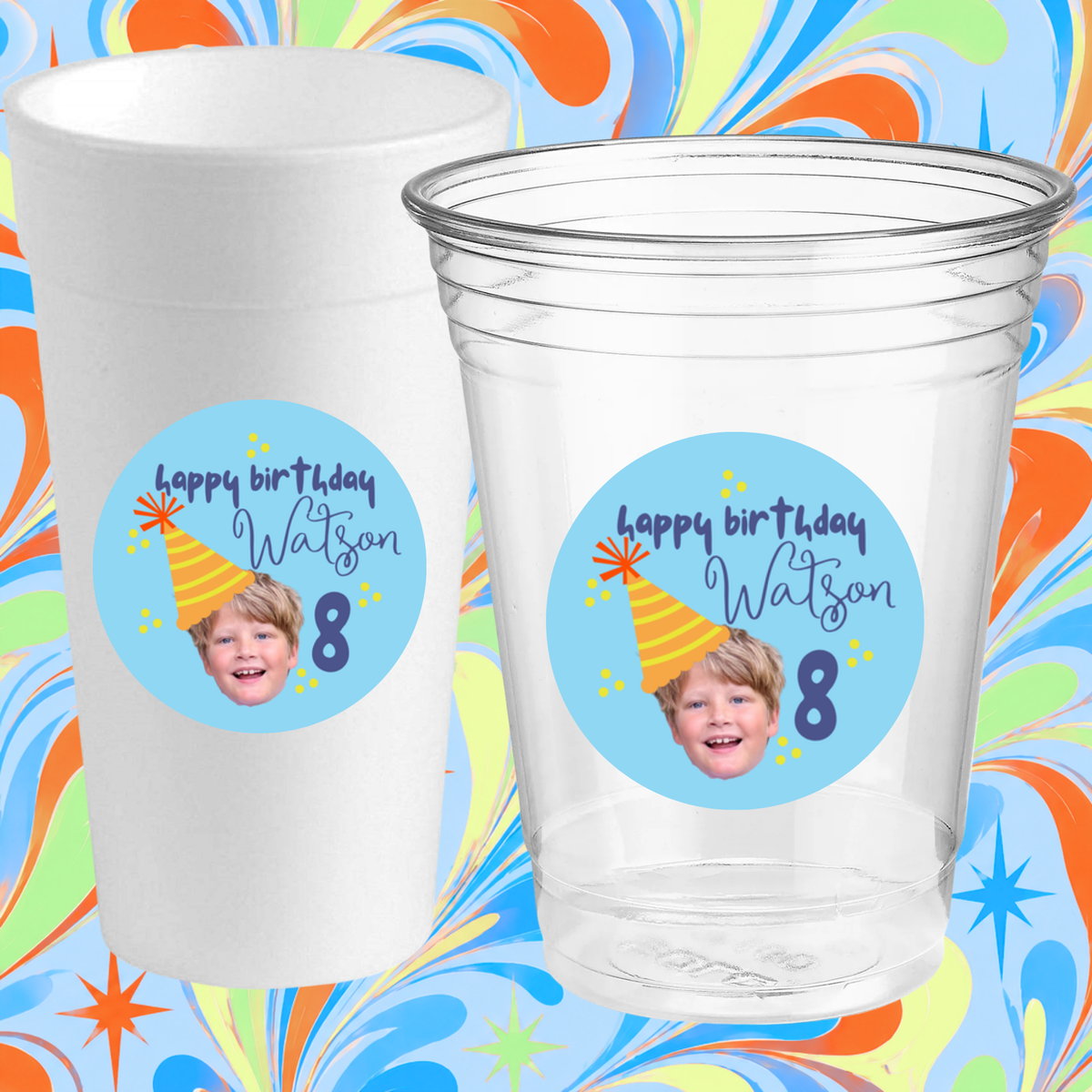 BLUE BIRTHDAY STICKER CUPS