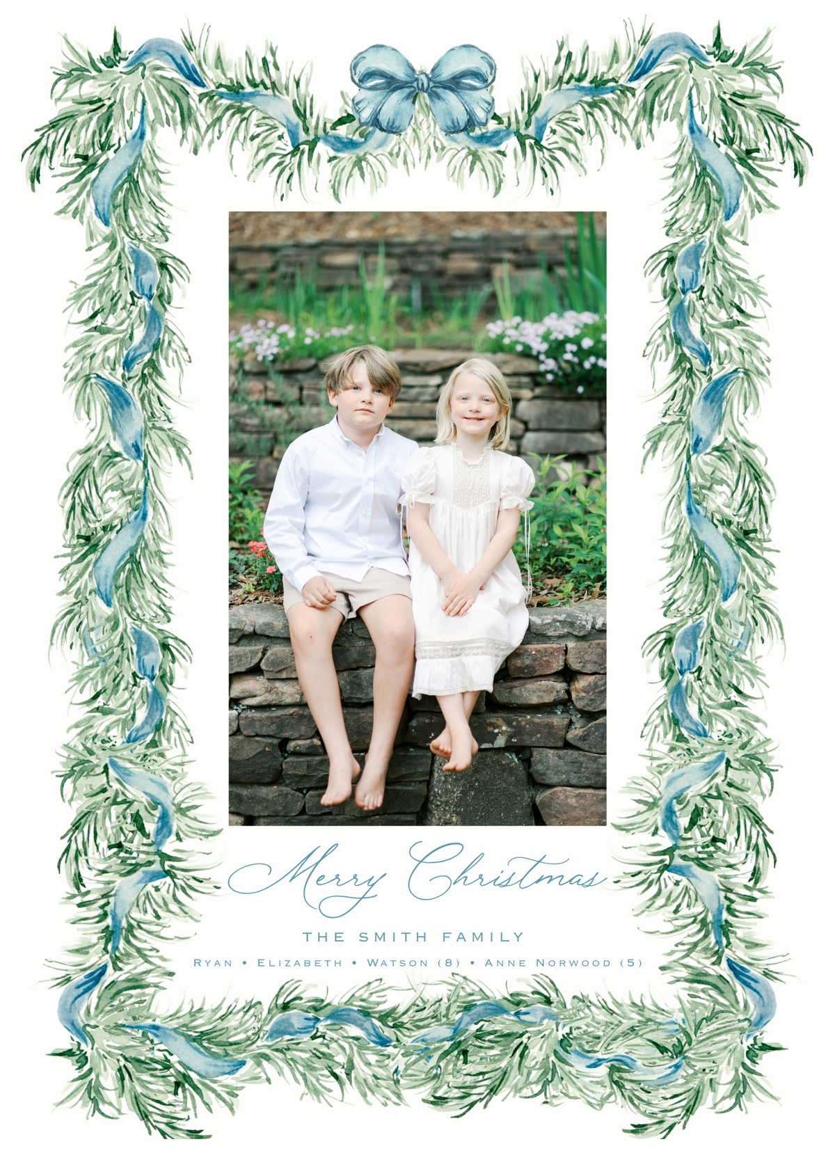 BLUE BOW GARLAND CHRISTMAS CARD