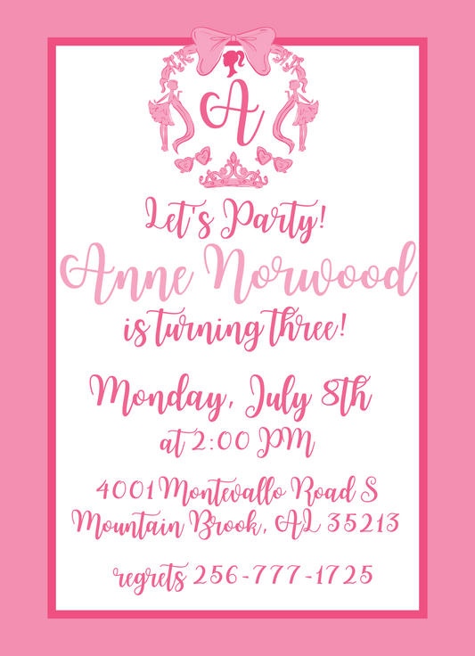 pink doll! lets party! invitation