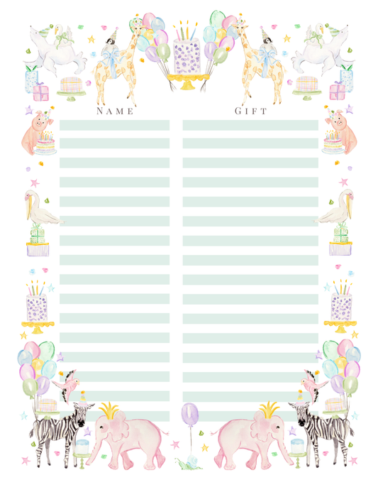 PARTY ANIMAL BIRTHDAY GIFT TRACKER SHEETS