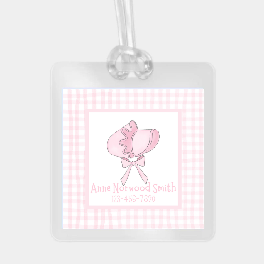 pink bonnet bag tag