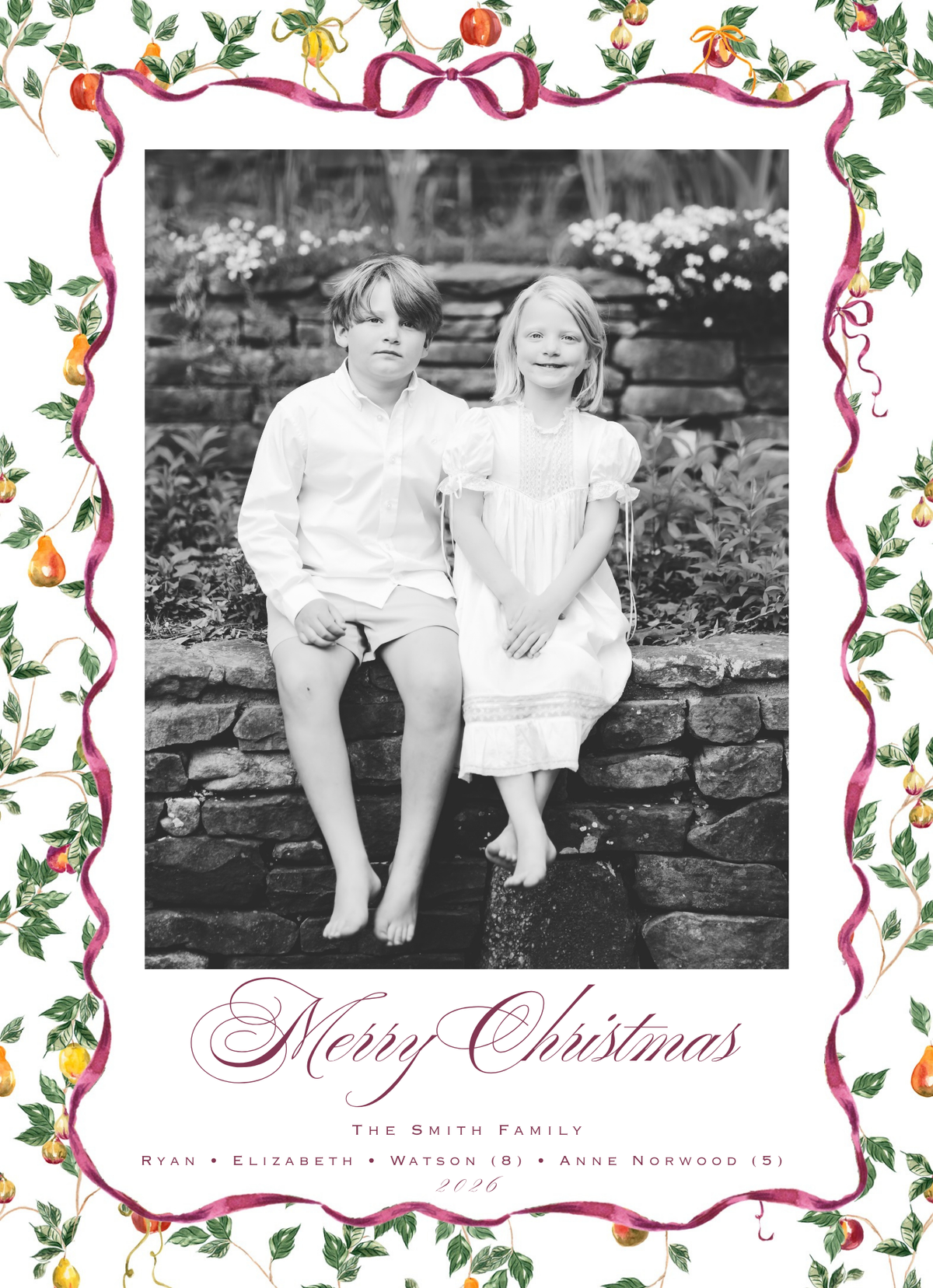 BURGUNDY BOW FLORAL HOLIDAY CARD