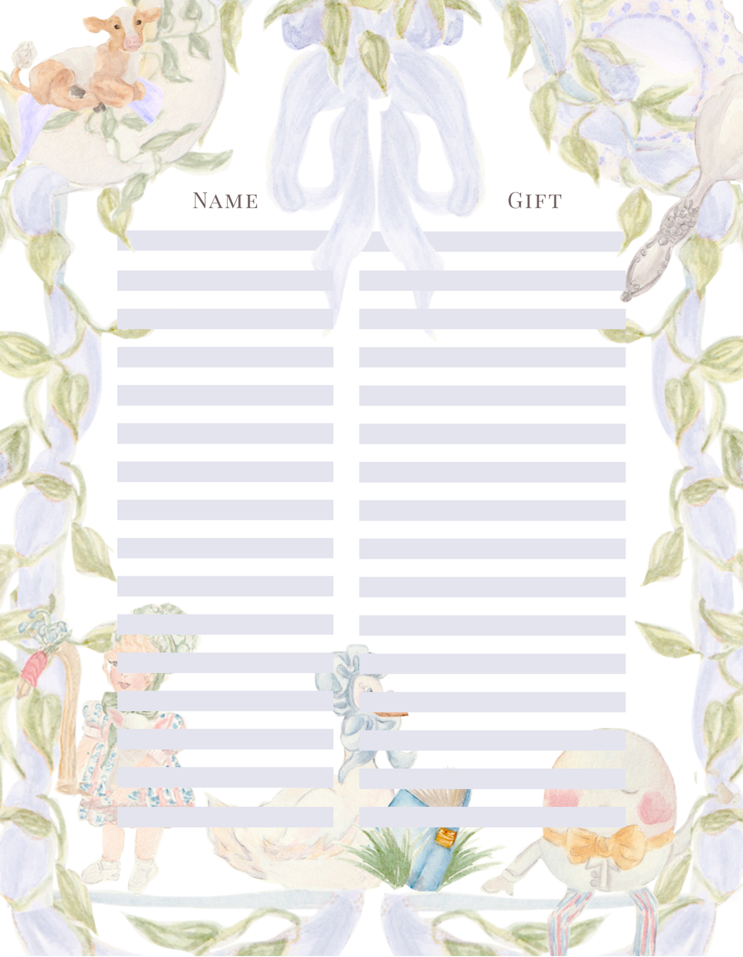 SWEET NURSERY RHYM BABY GIFT LIST TRACKER SHEETS