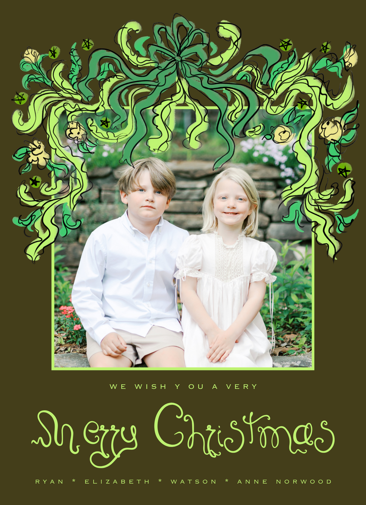 GREEN MOODY GARLAND CHRISTMAS CARD